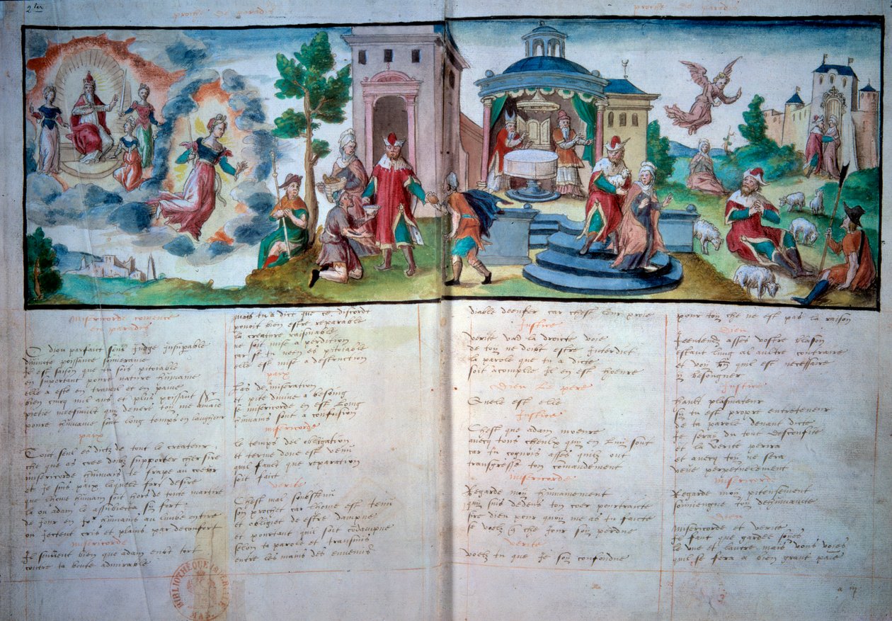 Teatro Religioso: "Paixão e Ressurreição", apresentado em Valenciennes, em 1547. Página manuscrita com aguarela, Paris, B.N. de Unknown artist