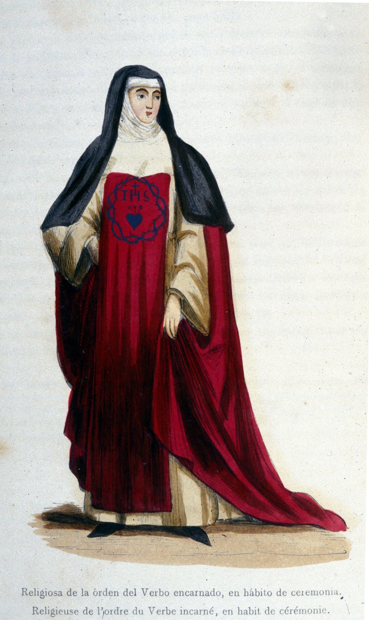 Religiosos da ordem do verbo encarnado em traje cerimonial. Gravura de um álbum sobre ordens religiosas, Paris de Unknown artist