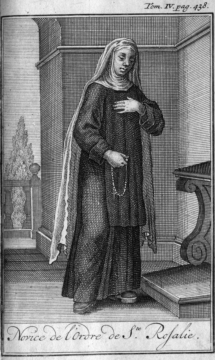 Ordem religiosa. Noviça da Ordem de Santa Rosalia em Palermo, na Sicília, no século XVII. Na "História das ordens militares ou dos cavaleiros, das milícias seguras e rotineiras de ambos os sexos, que foram estabelecidas até agora". Edição tirada de Abbe Gi de Unknown artist