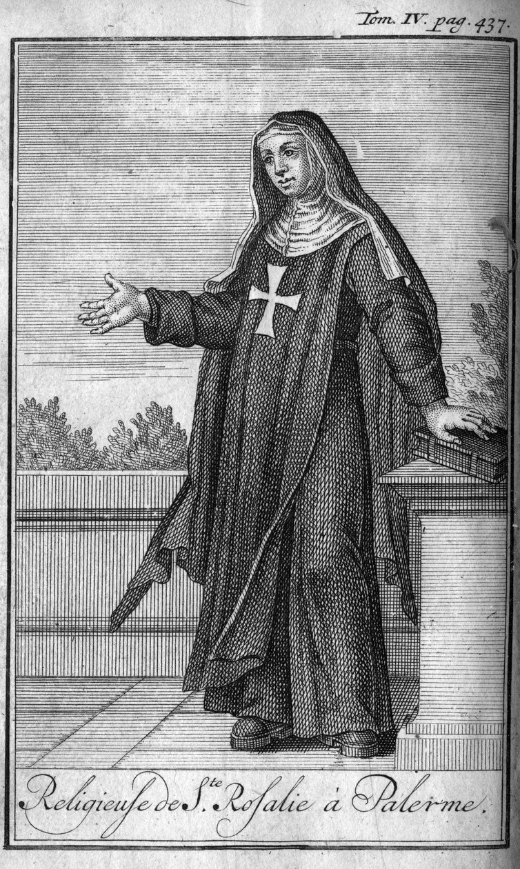 Ordem religiosa. Religiosos de Santa Rosalia em Palermo, na Sicília, no século XVII. Na "História das ordens militares ou dos cavaleiros, das milícias seguras e rotineiras de ambos os sexos, que foram estabelecidas até agora". Edição tirada de Abbe Giustin de Unknown artist