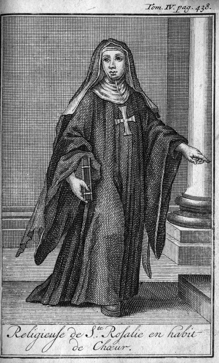Ordem religiosa. Religiosos de Santa Rosalie em vestido de coro em Palermo, na Sicília, no século XVII. Na "História das ordens militares ou dos cavaleiros, das milícias seguras e rotineiras de ambos os sexos, que foram estabelecidas até agora". Edição tir de Unknown artist