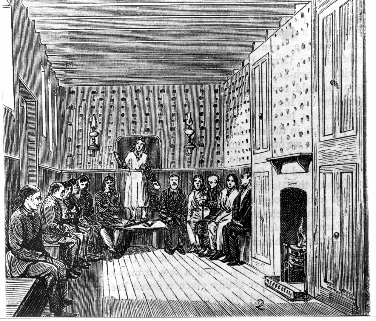 Encontro religioso de agitadores americanos. Gravura do século XIX. de Unknown artist