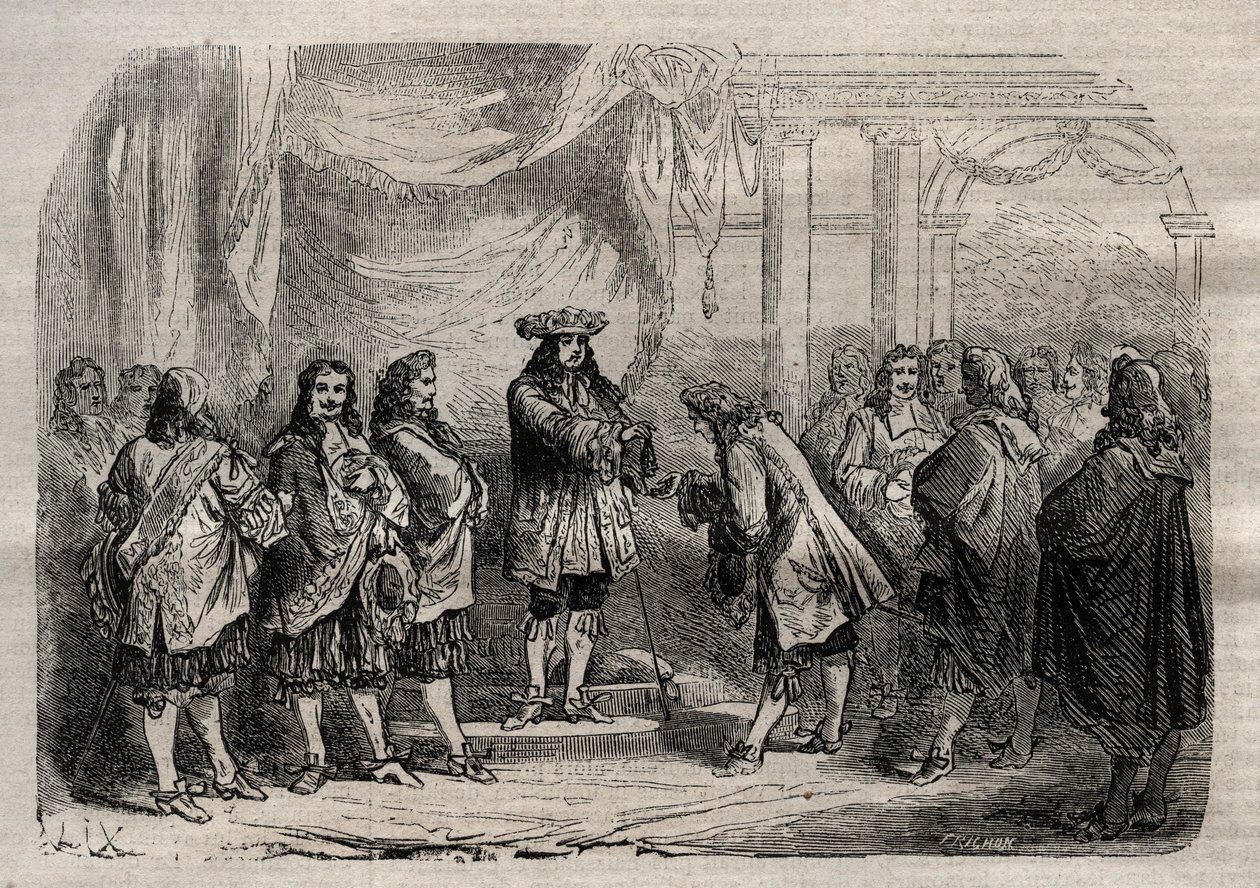 Rene Duguay Trouin (Duguay-Trouin) (Rene Trouin du Gue dit) (1673-1736) recebendo a cruz de Saint-Louis das mãos do Rei Luís XIV - gravura em "Dictionnaire populaire illustrious" - 1864 - de Joseph Decembre e Edmond Allonier - de Unknown artist
