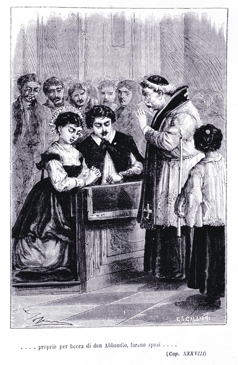 O casamento do Renzo e da Lucia. Gravação em "Les fiances" (I promessi Sposi) de Alessandro Manzoni (1785-1873) de Unknown artist