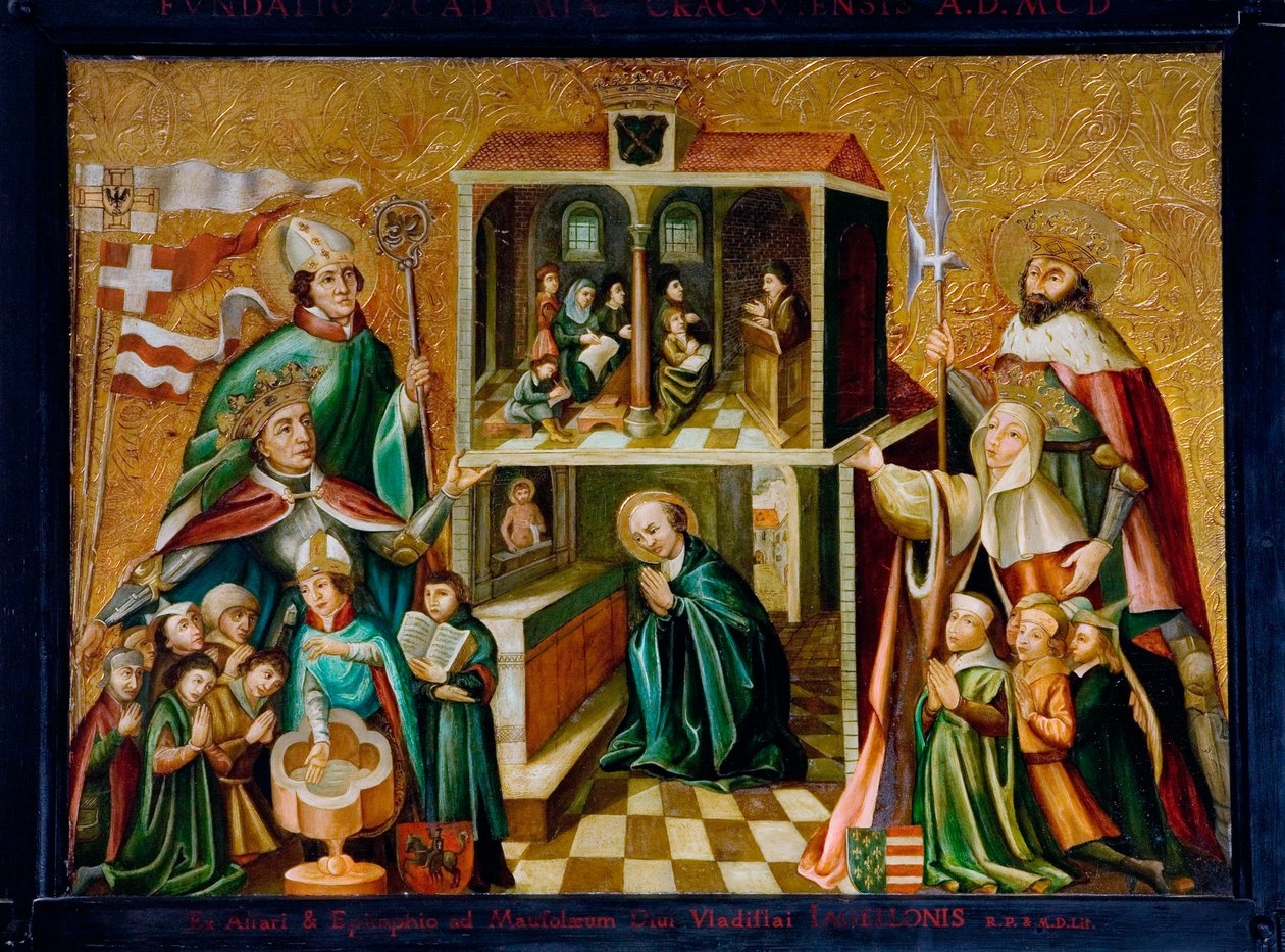 "Representação do Rei Ladislau II Jagiellon da Polónia e da Rainha Hedwig I da Polónia (1372-1399) ajoelhando-se perante a Universidade Jagielloniana. Cenas de oração e bênção. Pintura sobre madeira. Cracóvia de Unknown artist