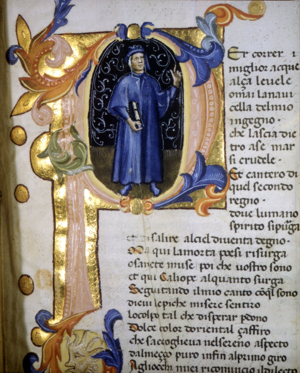Representação numa lettrina do poeta Dante Alighieri (1265 - 1321), miniatura do século XIV. de Unknown artist