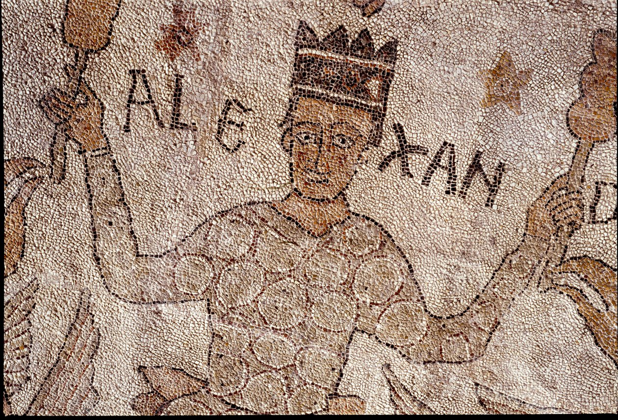 Representação de Alexandre o Grande (356-323 AC), Rei de Macedoine e conquistador da Pérsia, cercou a fauna indiana durante a conquete da Índia. Pavimento de Pantaleone (ou Pantaleão de Unknown artist