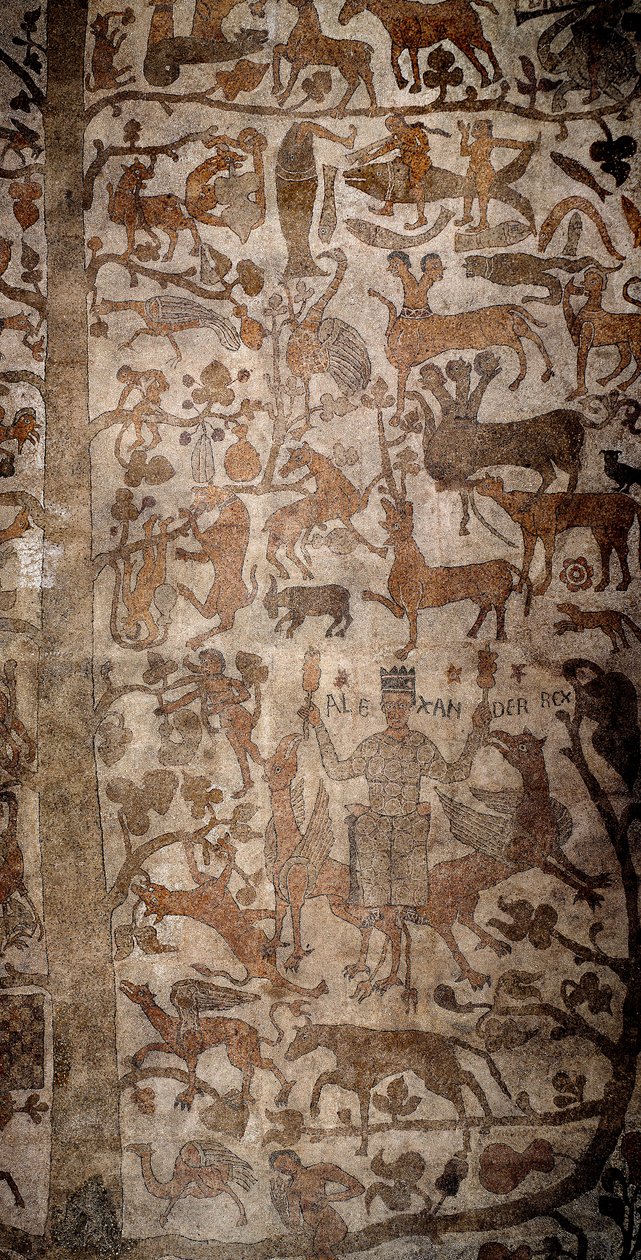 Representação de Alexandre o Grande (356-323 AC), Rei de Macedoine e conquistador da Pérsia, cercou a fauna indiana durante a conquista da Índia, Deluge, Deucalion e Pyrrha. Pavimento de Pantaleone (ou Pantaleão de Unknown artist