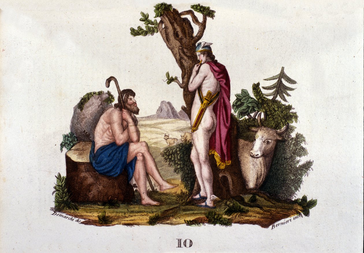 Representação de Argus e Io, transformada em vaca por Mercúrio. Placa retirada do "Dicionário de Mitologia" de 1888 de Unknown artist