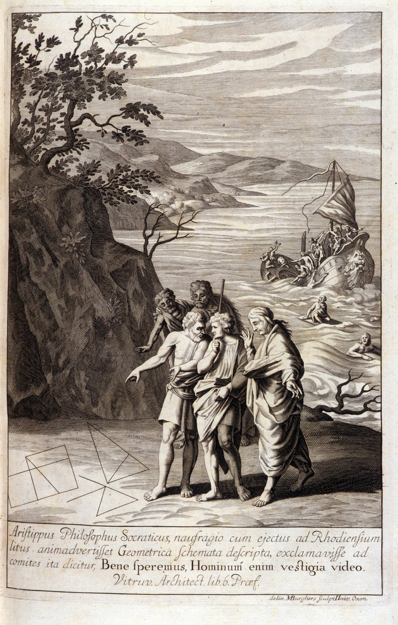 Representação de Aristipus de Cirene (435-356 AC) Filósofo grego discípulo de Sócrates, após o naufrágio que o atirou para a costa de Rodes, descobre traços geométricos na areia. Gravura do Livro XV dos "Elementos" de Euclides. 1591 de Unknown artist