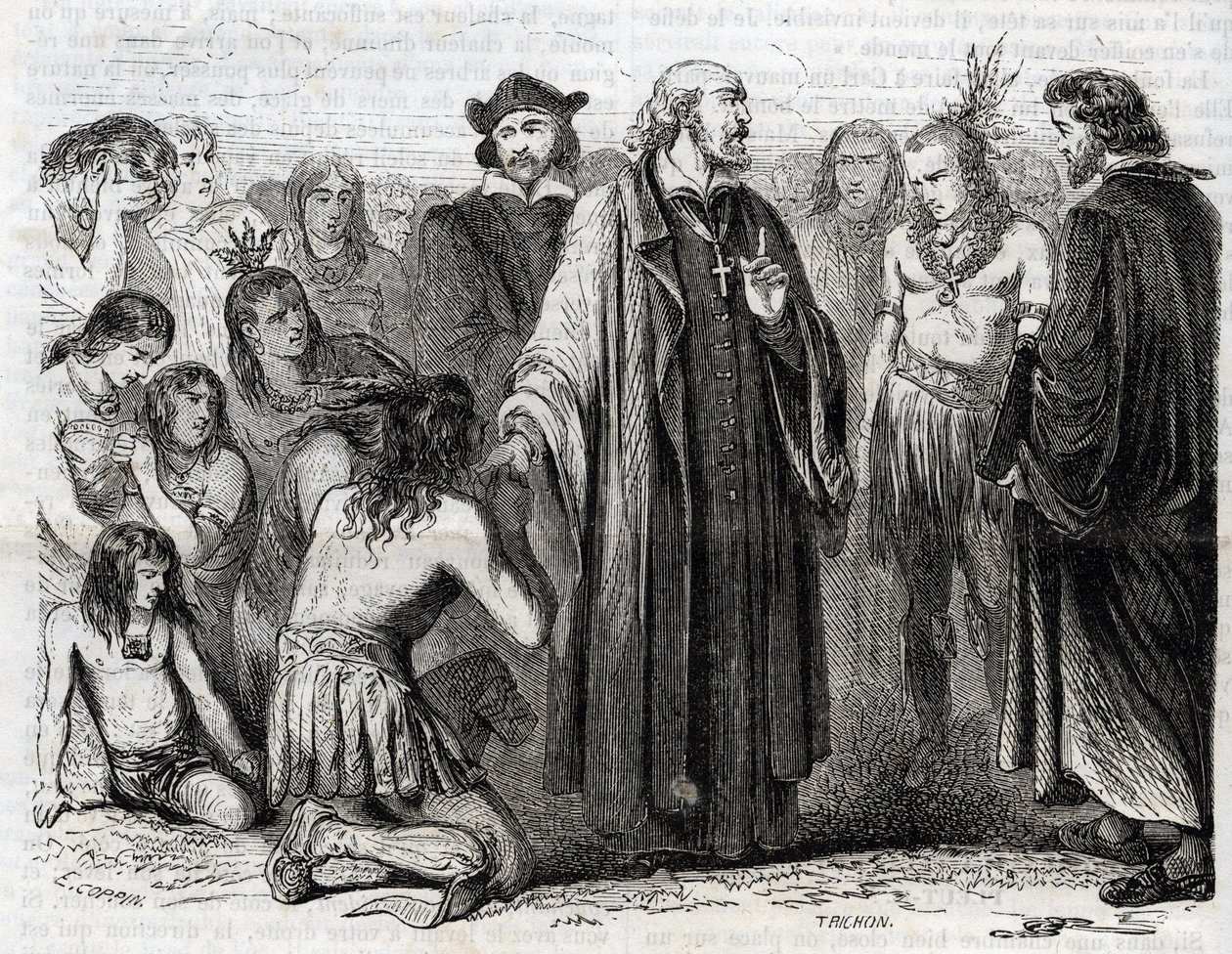 Representação de Bartolome de las Casas (1484-1566) sacerdote dominicano, missionário com os índios" (Retrato de Bartolome de las Casas, frade dominicano e protetor dos índios - gravura de 1860 de Unknown artist