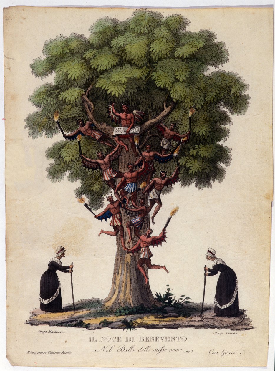 Representação da noz de Benevento, bruxas e demónios da lenda que inspirou o ballet "Il noce di Benevento" do compositor austríaco Franz Xaver Sussmayr (1766-1803). Ilustração do século XIX de Unknown artist