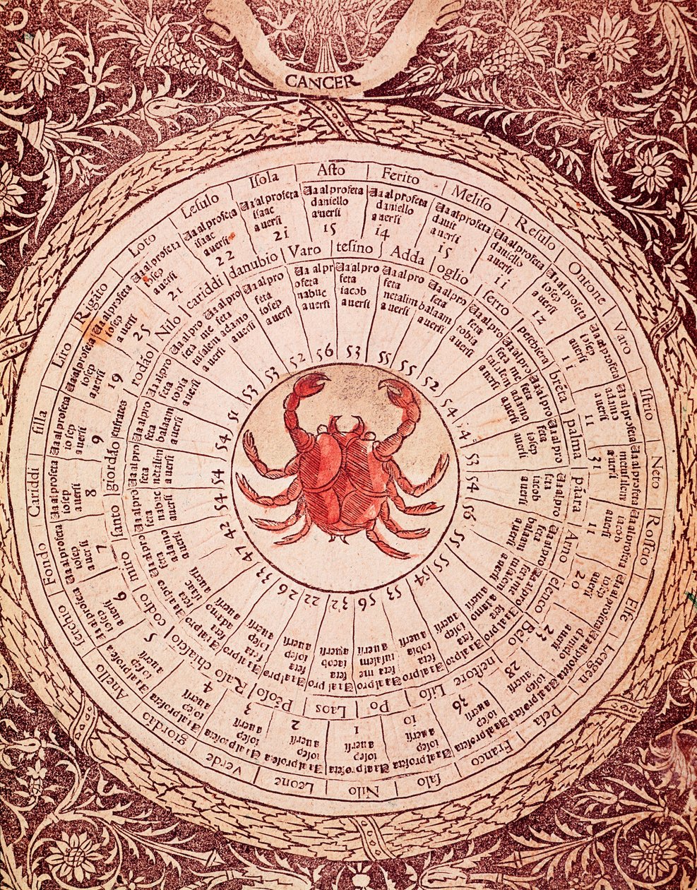 Representação do quadro de Horóscopo Câncer do "Libro delle Libro delle Libro" de Lorenzo Spirito Gualtieri (ou Lorenzo Spirito da Perugia (Perugia)) (1426-1496) poet et humaniste de Unknown artist