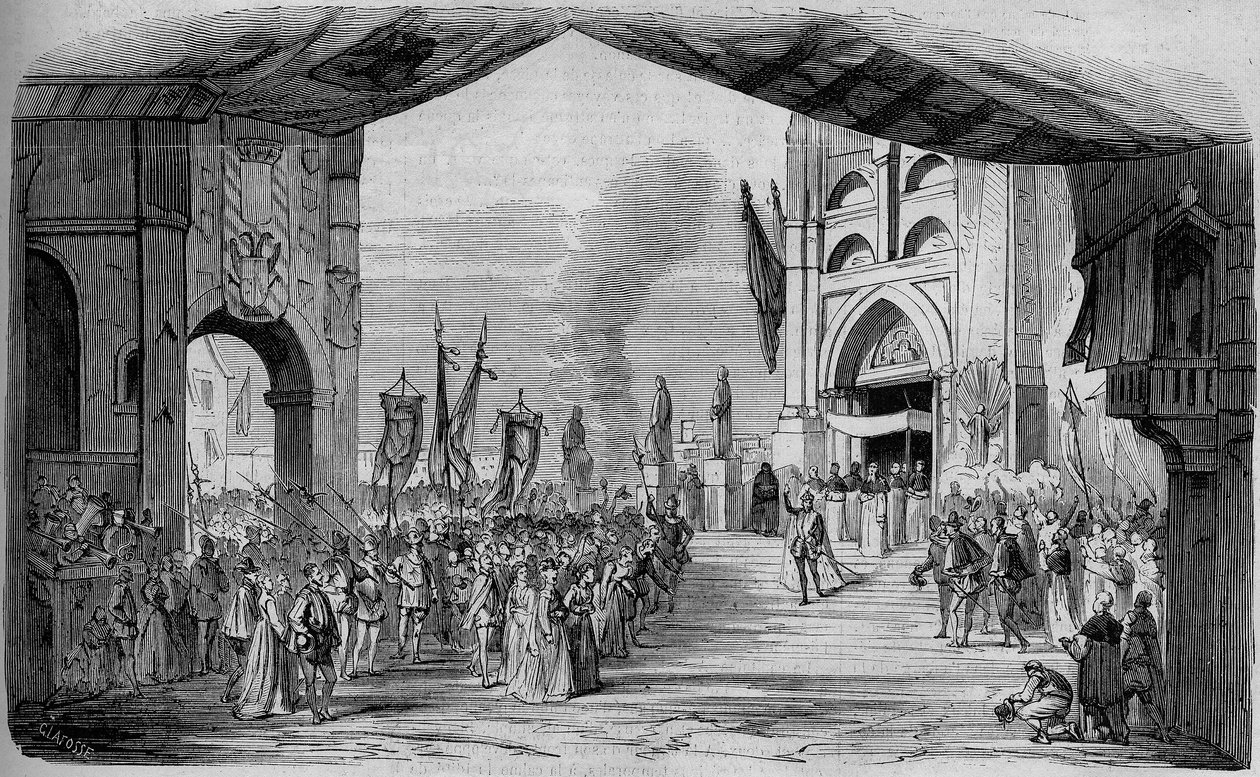 Representação de Don Carlo (Don Carlos) Opera em 5 atos de Giuseppe Verdi na Ópera de Paris em 11 de março de 1867. O carro da fe, 3º ato, decoração de Cambon e Thierry. Gravura a partir de 1867. de Unknown artist