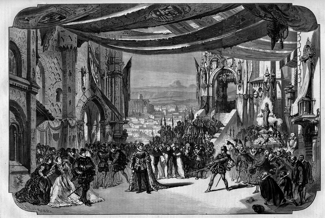 Representação de Don Carlo (Don Carlos) Opera em 5 atos de Giuseppe Verdi na Ópera de Paris em 11 de março de 1867. No desenho de Neuville, o terceiro ato, quarto quadro, cena IX. de Unknown artist