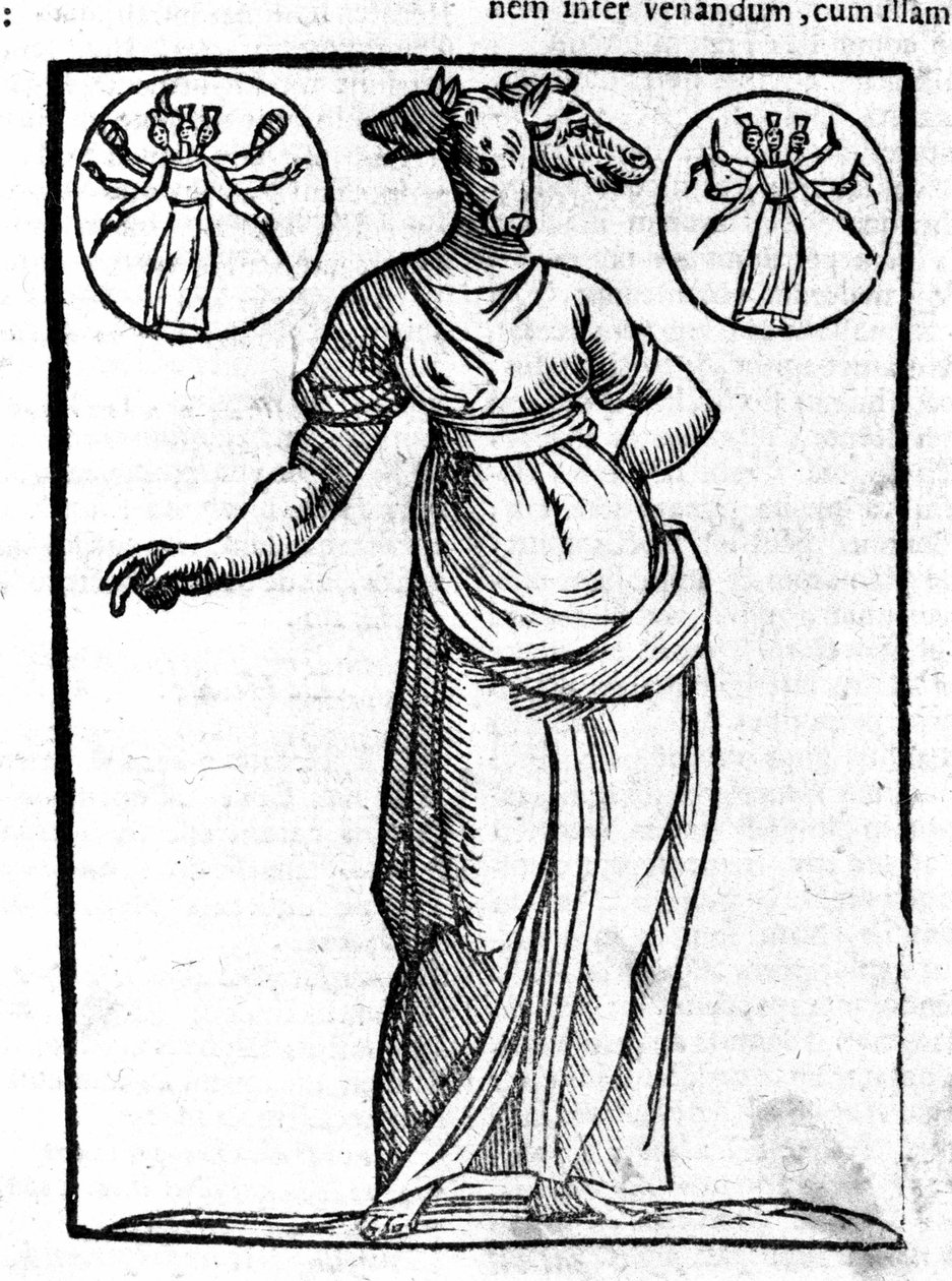 Representação de Hecate, divindade grega maligna, que foi erguida na encruzilhada, geralmente tinha três cabeças. Gravura do século XVII. de Unknown artist
