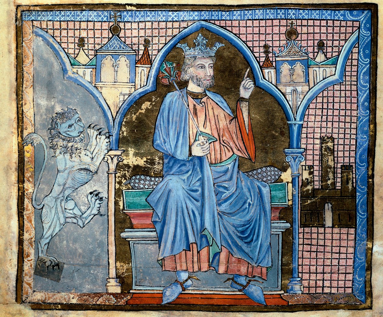 Representação do Rei Fernando III de Castela ou São Fernando (1199-1252) Miniatura retirada do manuscrito "Índice de privilégios reais" fol. 66 v. XIII Santiago de Compostela (Santiago de Compostela), arquivo do de Unknown artist
