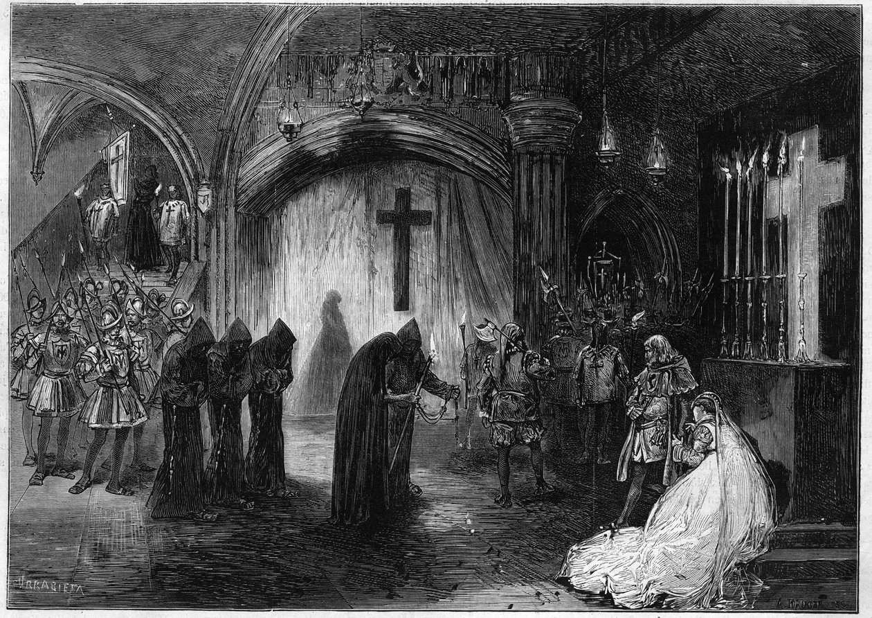 Representação do drama "Marie Tudor" em três dias e prosa de Victor Hugo, no Teatro de la Porte Saint Martin (Saint-Martin) em Paris, em 1873. de Unknown artist