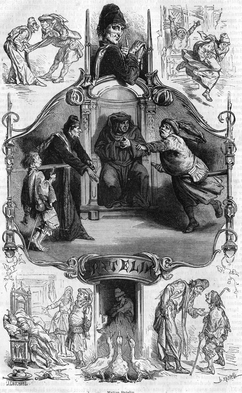 Representação do Mestre Patelin, famoso pela "Farsa do Mestre Patelin", que conta as desventuras de um advogado e do seu cliente pastor. Gravura do século XIX. de Unknown artist