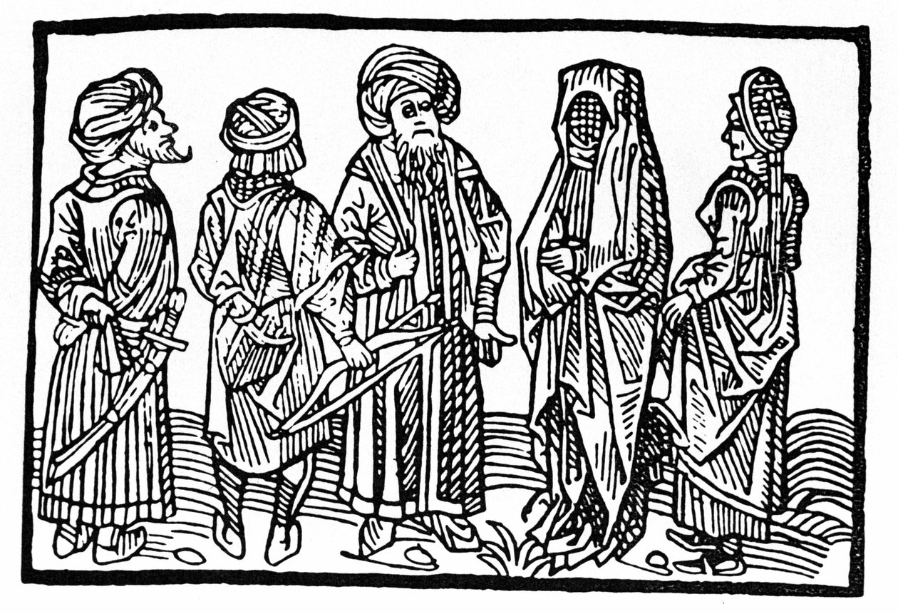Representação de Sarracenos, Xilogravura do século XV. de Unknown artist