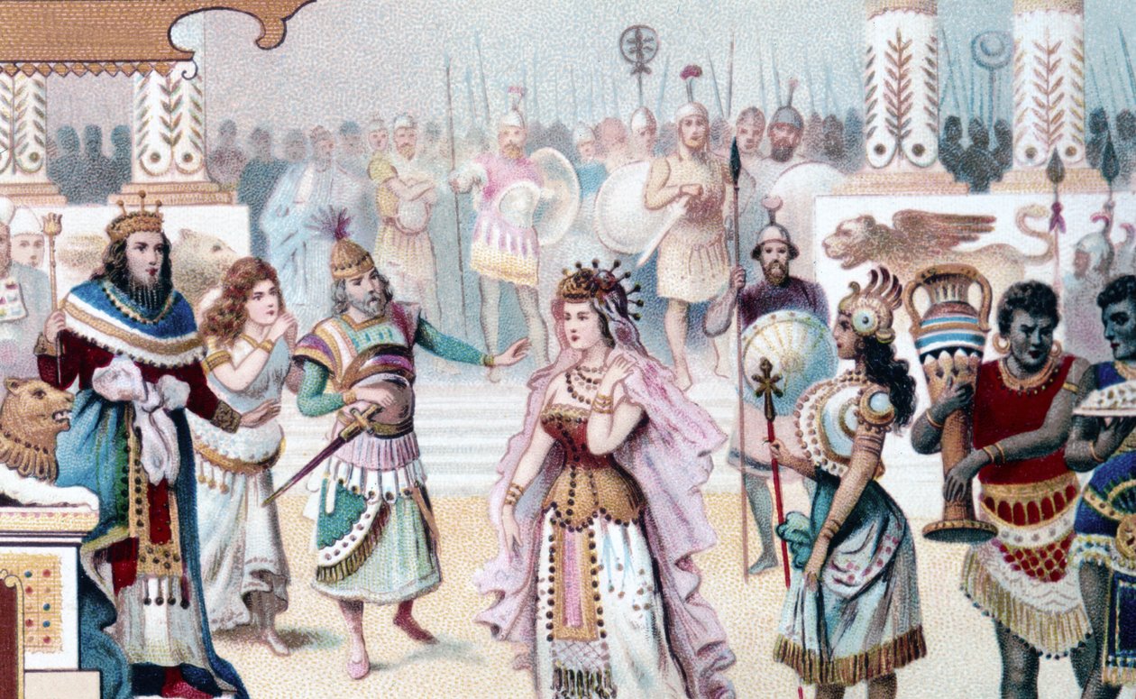 Representação da Cena 1 do Acto I de "A Rainha de Saba", ópera composta por Karl Goldmark (1830 - 1915). chromolithographof do século XIX. de Unknown artist