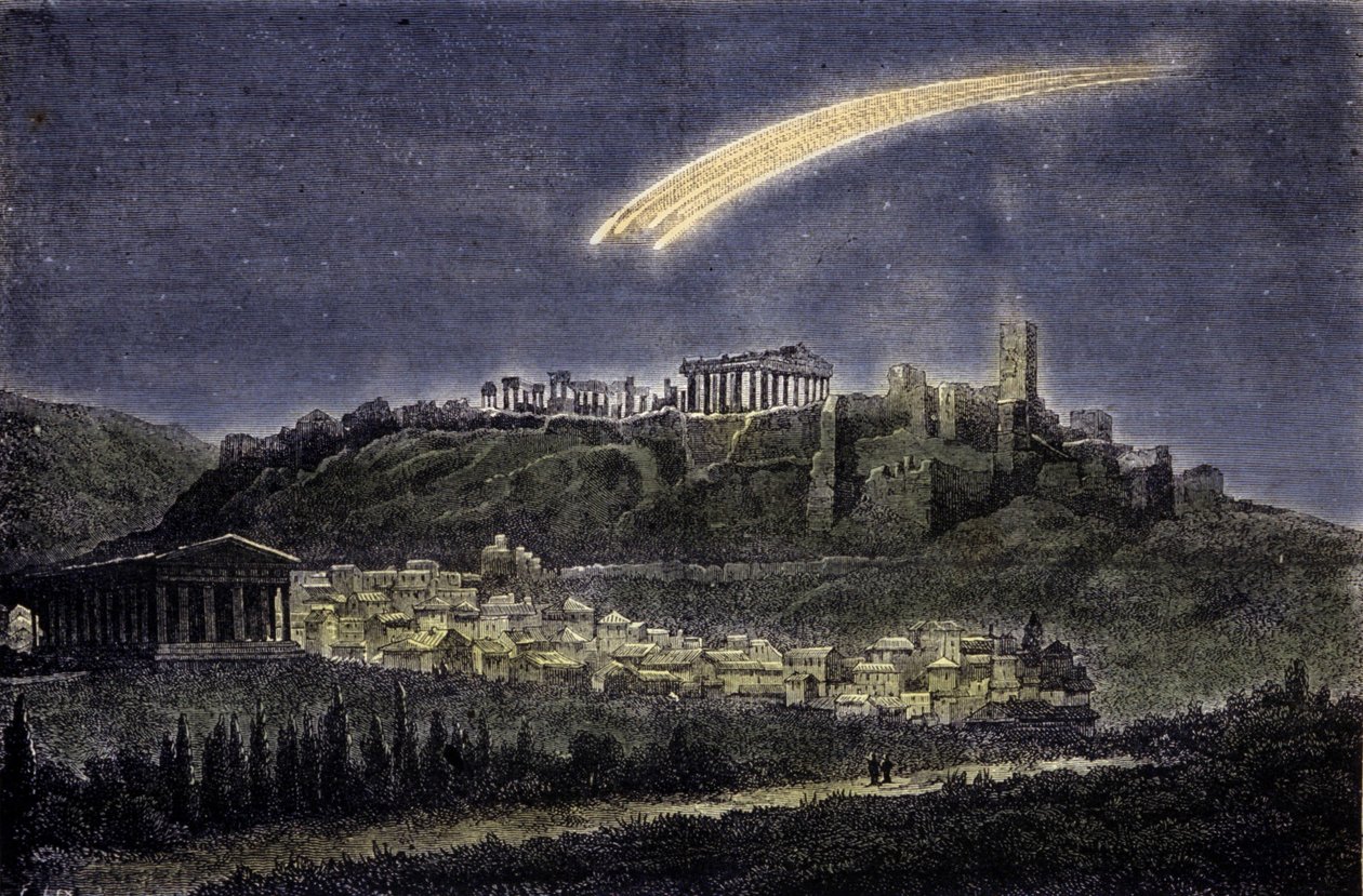 Representação de um cometa acima da cidade de Atenas em 1878. de Unknown artist
