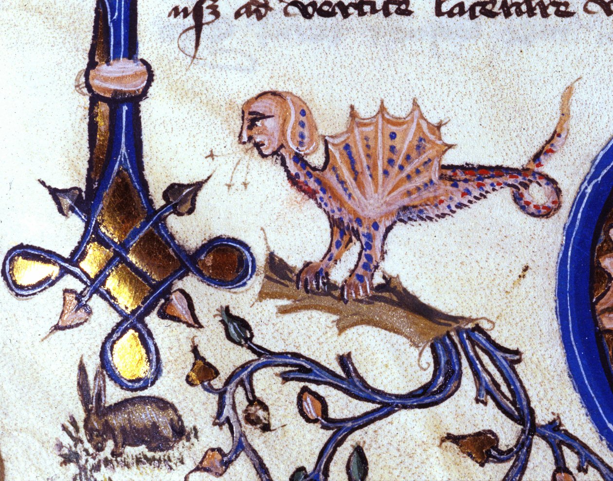 Representação de um fantástico animal mi homem mi dragão. Miniatura de um manuscrito do século XIV. de Unknown artist