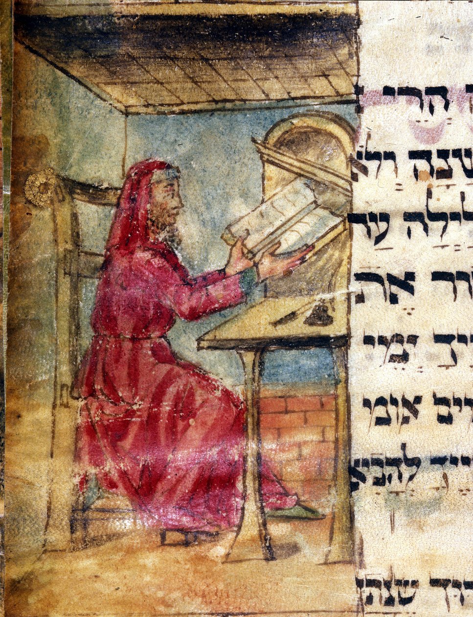 Representação de um rabino que estuda as escrituras sagradas. miniatura do manuscrito do século XV. Biblioteca Estense Modena de Unknown artist