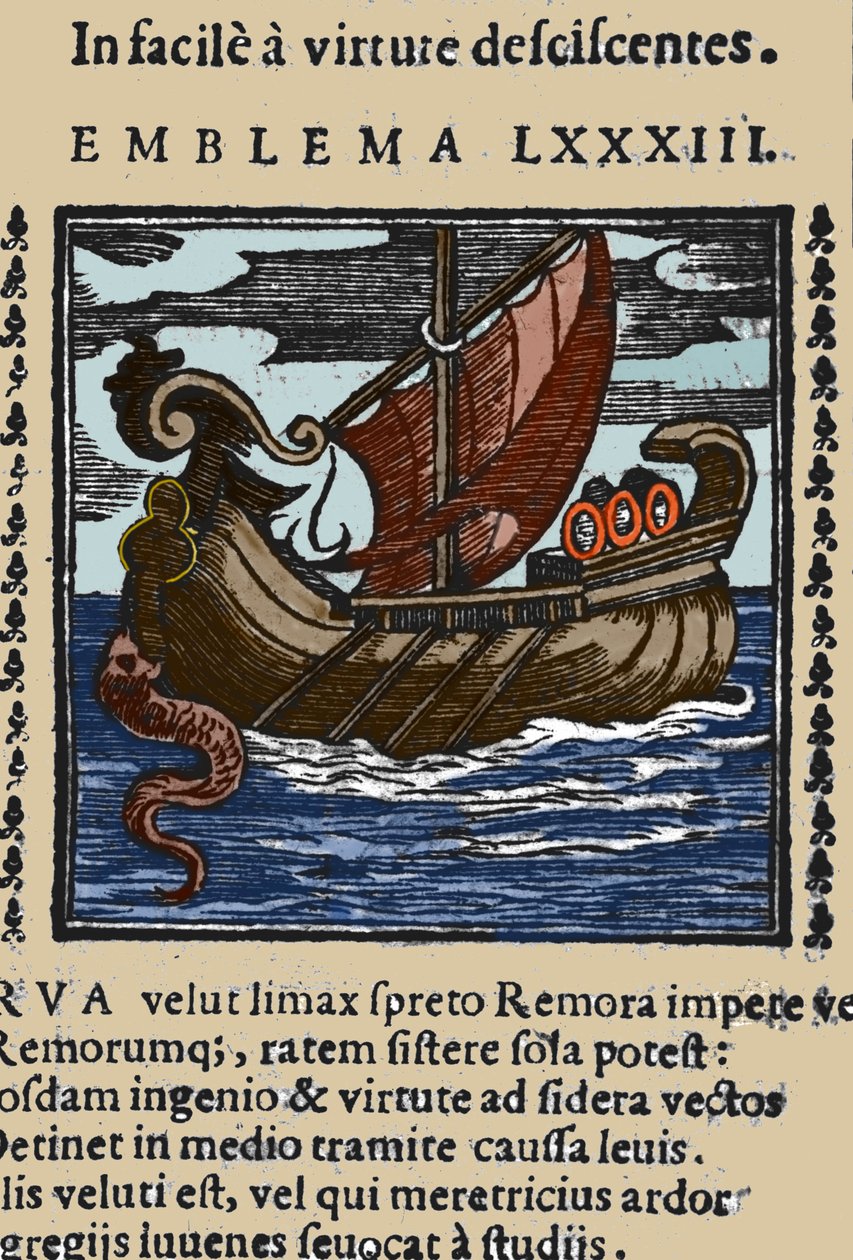 Representação de uma lembrança que, segundo as histórias de Plínio, Santo Ambrósio e Rabelais atacou os navios, prendendo a cauda com uma ventosa a uma rocha e bloqueando o navio com a boca. Gravura de uma obra do século XVII de Unknown artist