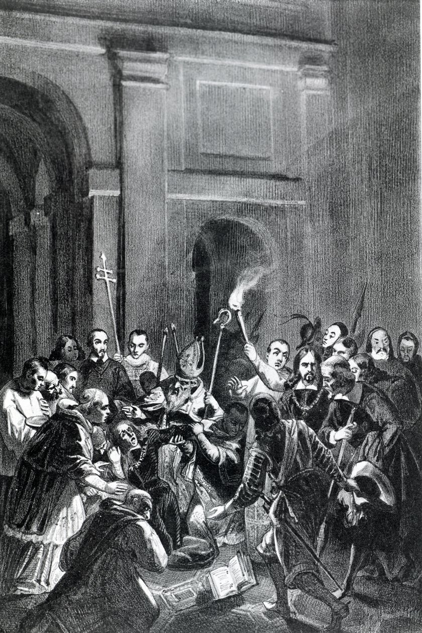 Representação de uma cena de exorcismo. Ilustração do século XIX. de Unknown artist