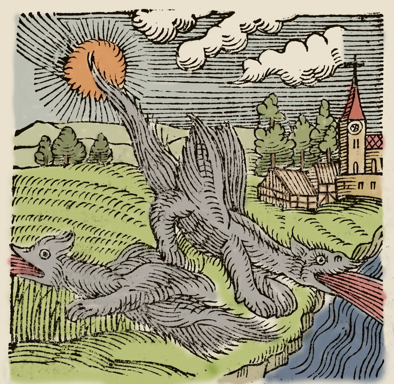 Representação do básico em campos de trigo ardentes em voo. Gravura de "Prodigiorum ac ostentorum chronicon" de Conrad Lycosthenes (1518-1561). 1557. de Unknown artist