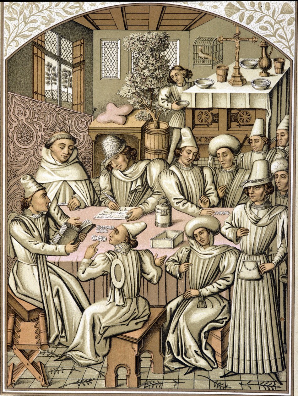 Representação dos funcionários públicos no século XIV. cromolitografia do livro de contabilidade da confraria "Dio e Nostra Signora". de Unknown artist