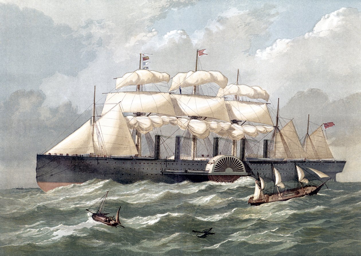 Representação do navio britânico Great Eastern, primeiro navio de cruzeiro gigante, inaugurado em 1858, concebido por Isambard Kingdom Brunel (Grande navio a vapor de ferro do leste, concebido por Isambard Kingdom Brunel) - século XIX de Unknown artist