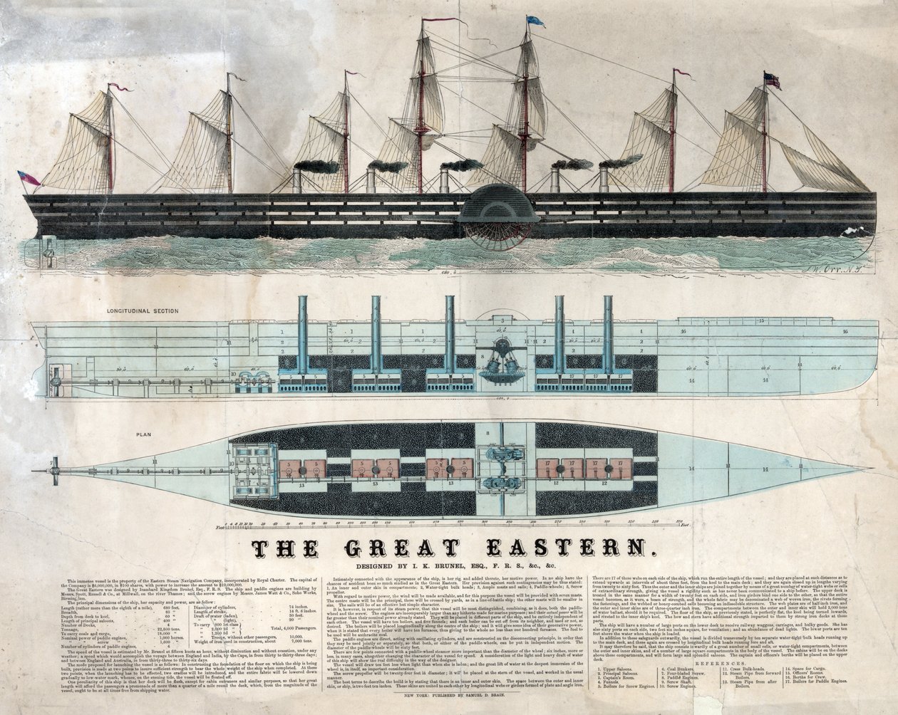 Representação do navio britânico Great Eastern, primeiro navio de cruzeiro gigante, inaugurado em 1858, concebido por Isambard Kingdom Brunel - Grande navio a vapor de ferro do leste, concebido por Isambard Kingdom Brunel - de Unknown artist