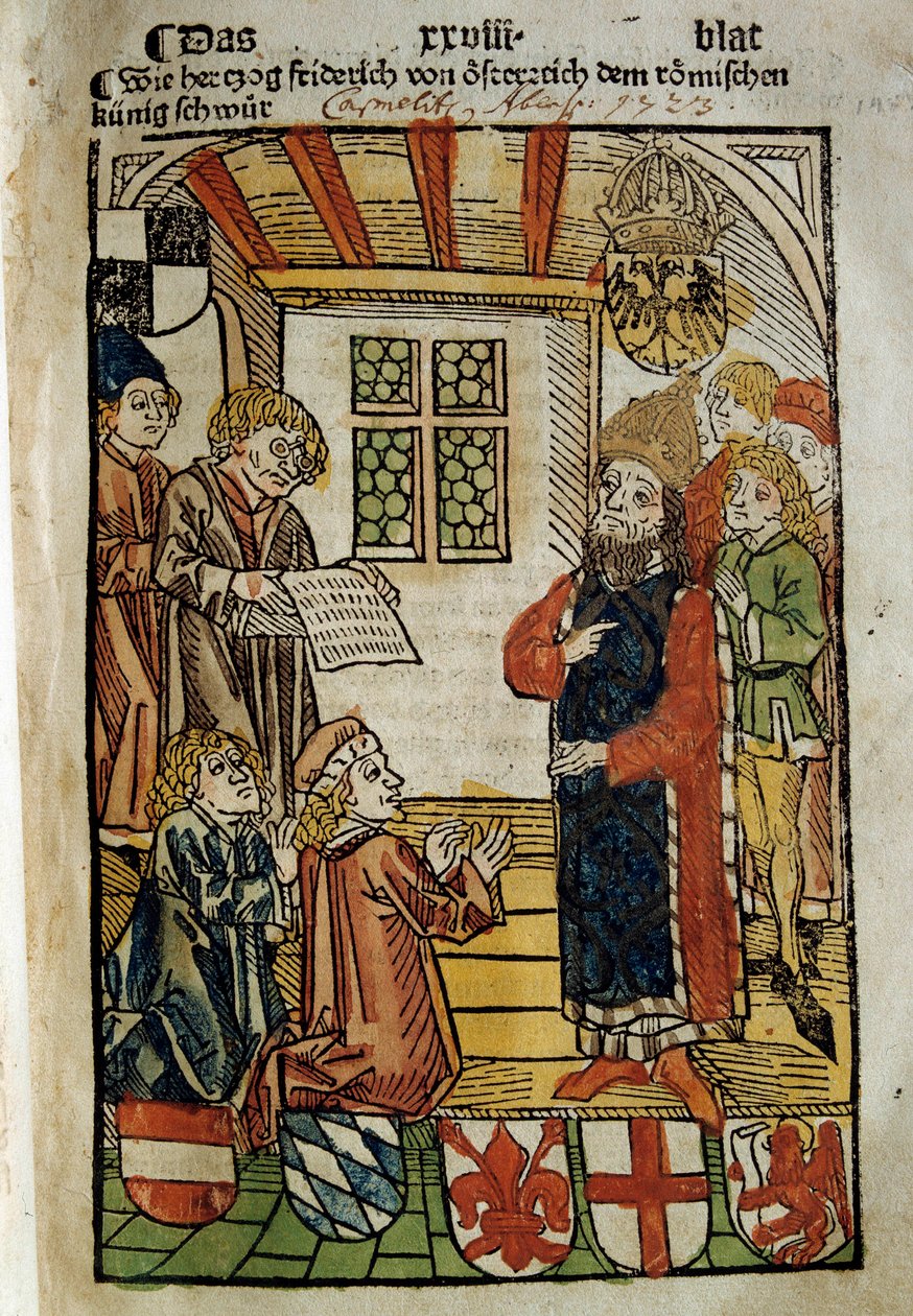 Representação do Conselho de Constança (1414-1418), convocado pelo Imperador Sigismundo I e Antipope João XXIII. Ele pôs um fim ao Grande Cisma do Ocidente. Miniatura de 1414. Paris. Biblioteca polonesa. de Unknown artist