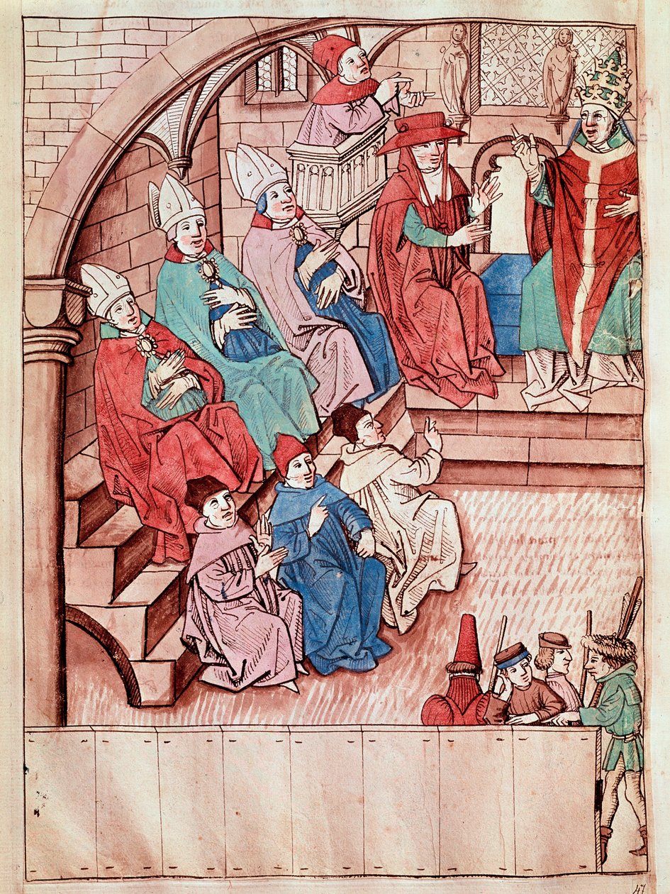 Representação do Concílio de Constança entre 1414 e 1418, no alto do Papa Martin V (Vista do Concílio de Constança, ca. 1417) Miniatura extraída de "Crônicas do Concílio de Constança" por Ulrich Richental (1360-1437) 1438 aproximadamente Praga, Nati de Unknown artist