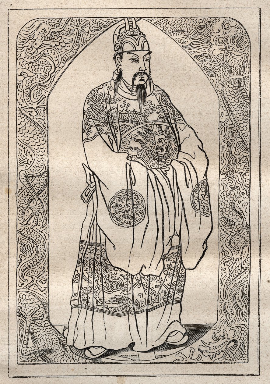 Representação do Imperador da China, como descrito por Jean Baptiste Du Halde (1674-1743), publicado em 1735, após os recitais dos missionários jesuítas - ilustração tirada de "Os Grandes Marinheiros do século XVIII". de Unknown artist