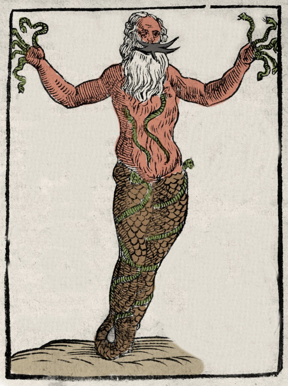 Representação do tufão divinita grego (ou Typhee). Gravura de "Mythologiae sive explicationes fabularum" da Natalis Comitis. 1637. de Unknown artist