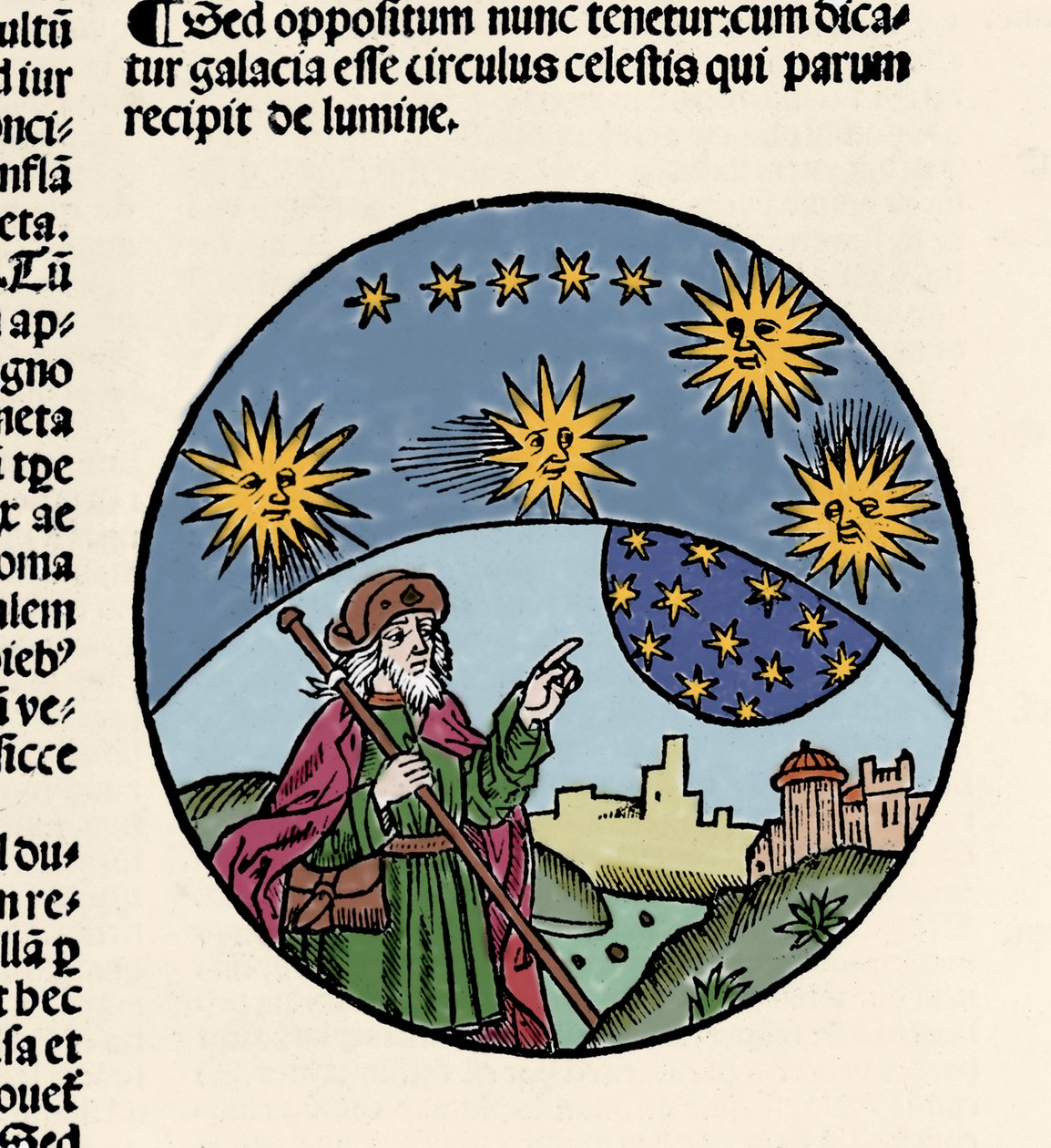 Representação do filósofo grego Aristóteles (384-322 a.C.) indicando as estrelas. Gravura da caminhada da física "Textus abbreviatus Aristotelis super octo liris Phisicorum & tota naturalis philosophia" de Thomas Bricot (d. 1516). 1496 de Unknown artist