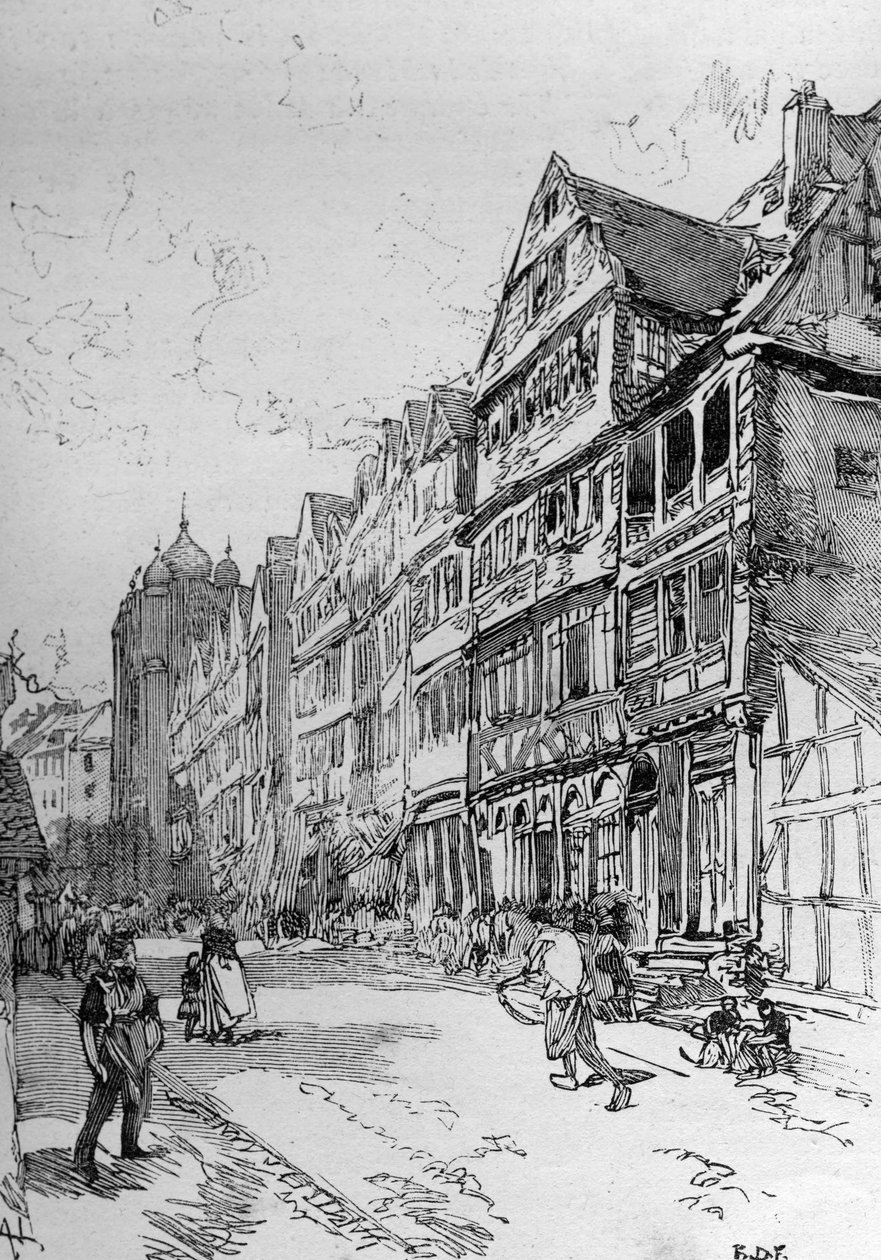 Representação da rua judaica em Frankfurt, local de nascimento da família Rothschild. Gravura no "The Illustrous World" (O Mundo Ilustrado) de Unknown artist