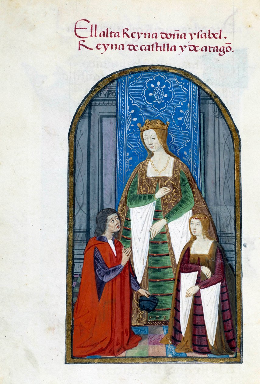 Representação da Rainha de Espanha Isabel a Católica (1451-1504), sua filha Jeanne Iere the Folle (1479-1555) e Pedro Marcuello. Página manuscrita retirada da "Coleção de devoção da Rainha Joana o Folle (1479-1555) da Espanha" por Pedro Mar de Unknown artist