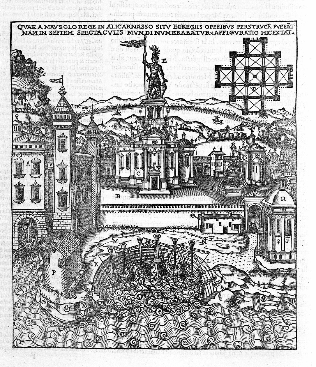 Representação das Sete Maravilhas da Antiguidade: o Mausoléu de Halicarnassus que estava localizado no Mar Egeu, no sudoeste da Turquia. Gravura em "de Architectura" de Vitruva (século I a.C.) - edição de Gottardo da Ponte, Come de Unknown artist