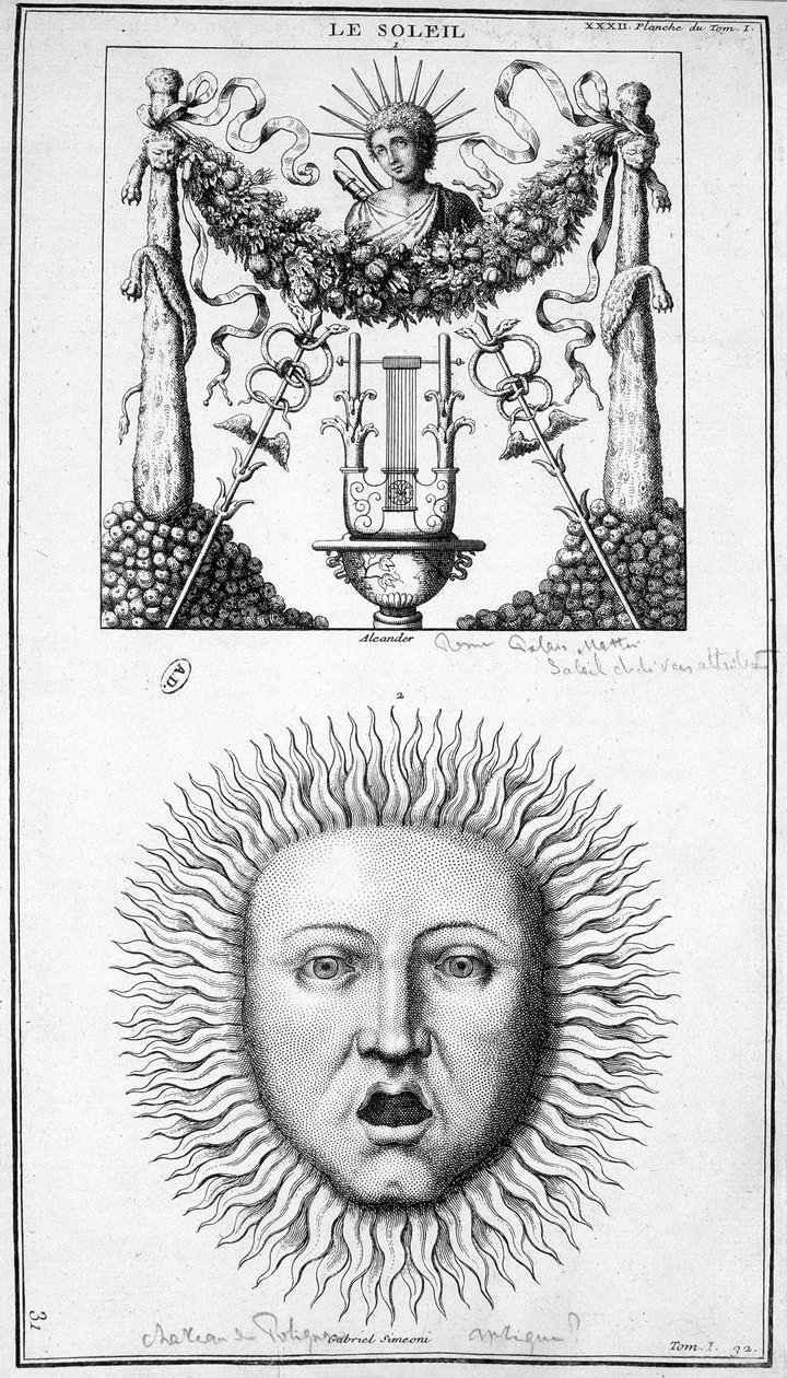 Representação do Sol. Imagens desenhadas a partir de representações antigas. Gravura do século XIX. de Unknown artist