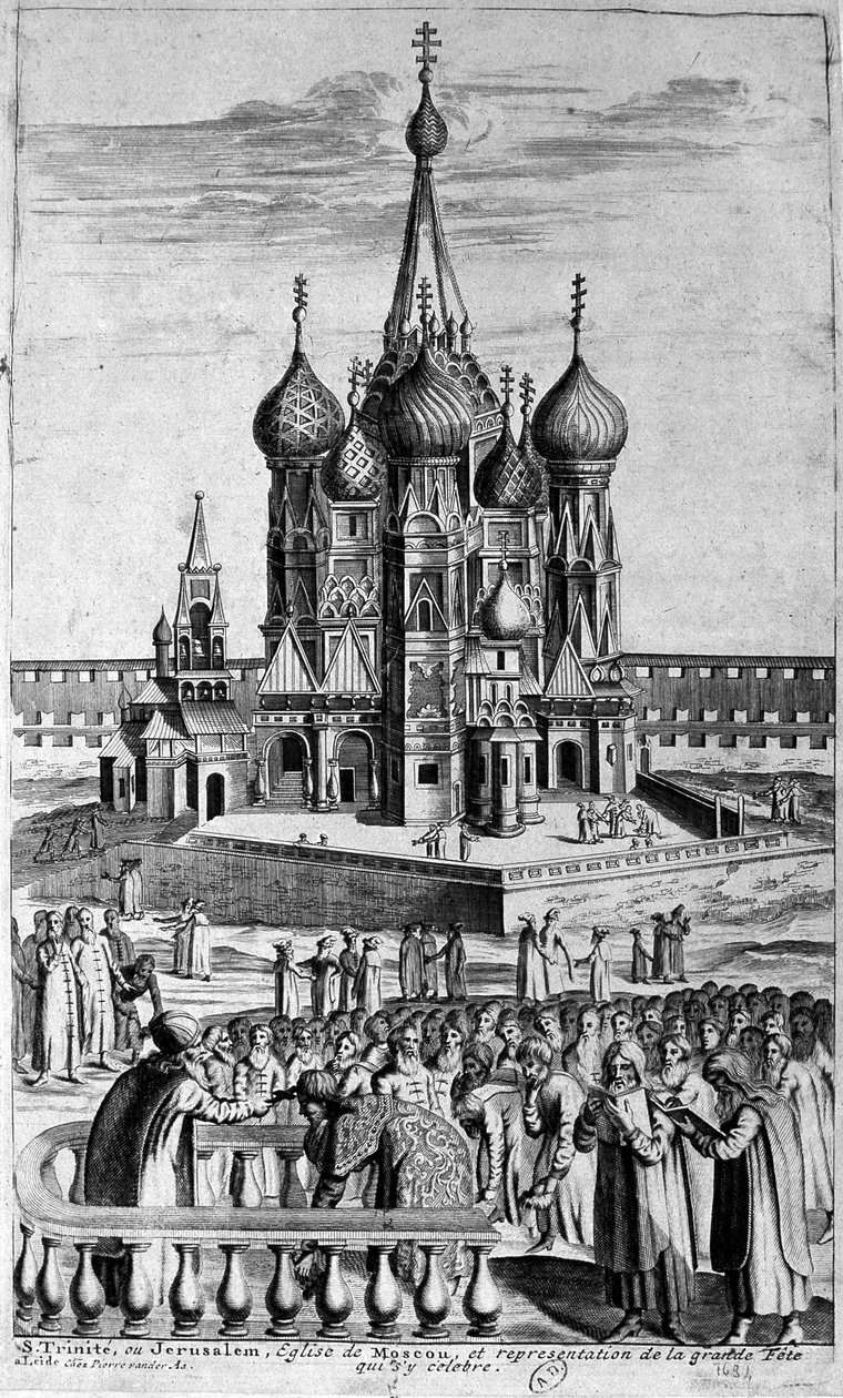 Representação da Igreja da Trindade em Moscovo, numa gravura do século XVII. de Unknown artist