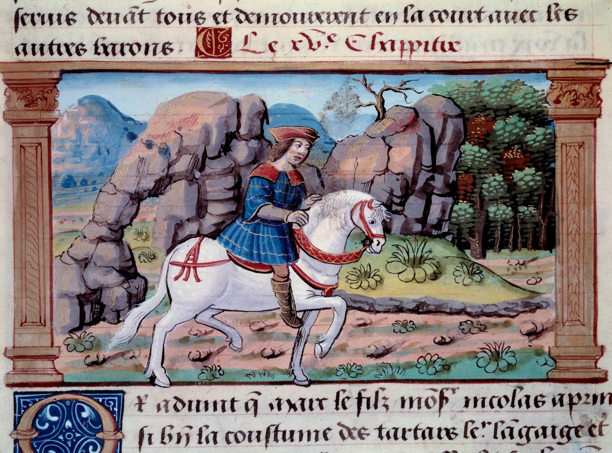 Representação do navegador veneziano Marco Polo (1254-1324) a cavalo" Miniatura extraída de "O Livro das Maravilhas" ("O Desvio do Mundo", "Il Milione") de Marco Polo (1254-1324). 1298. Paris, Biblioteca do Arsenal de Unknown artist
