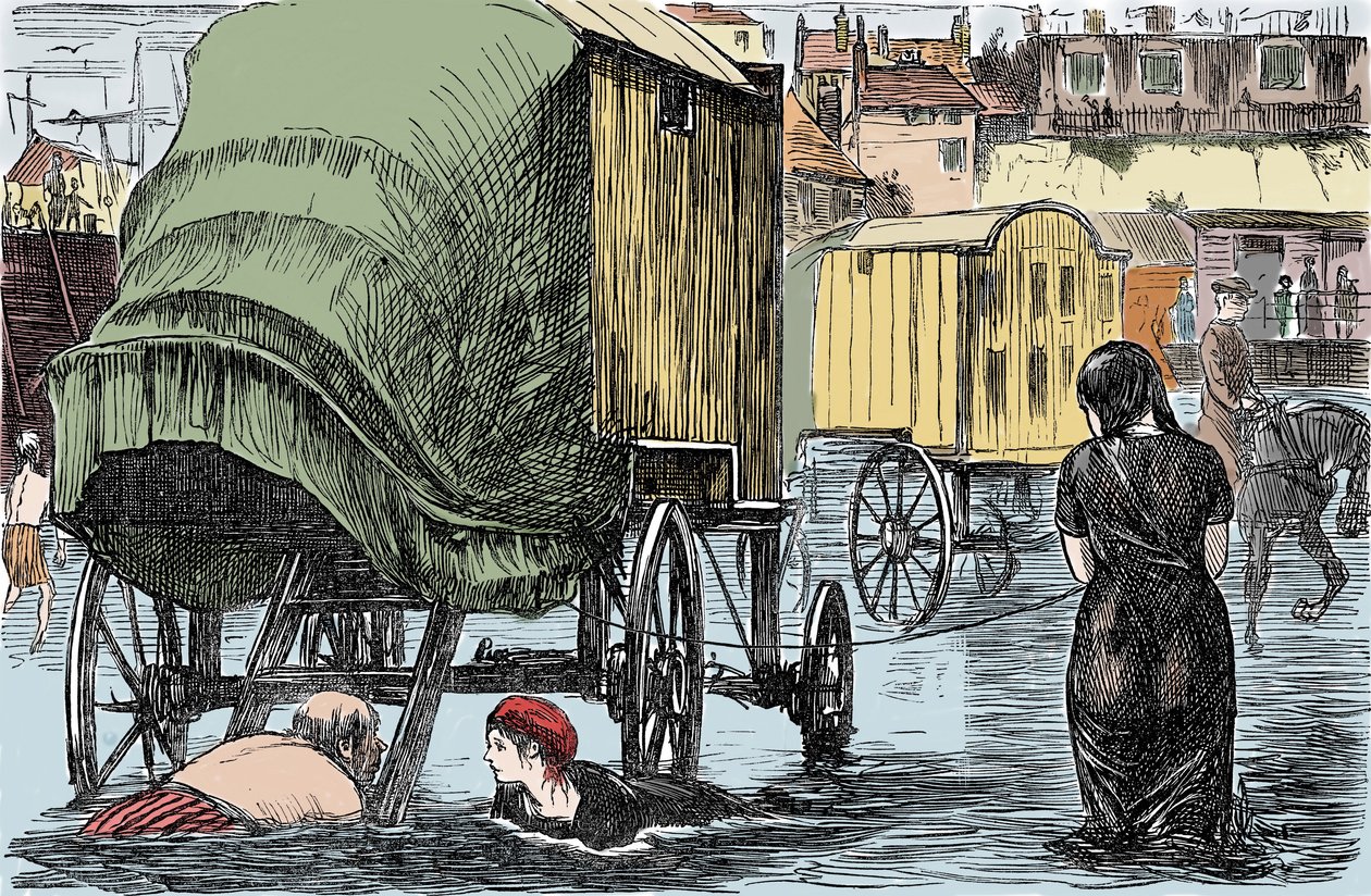 Representação da cabana de banho inventada em 1750 por Benjamine Beale: as mulheres dentro acedem ao mar directamente a partir desta carroça puxada por cavalos. Desenho humorístico da "Revista Punch" 1870 de Unknown artist
