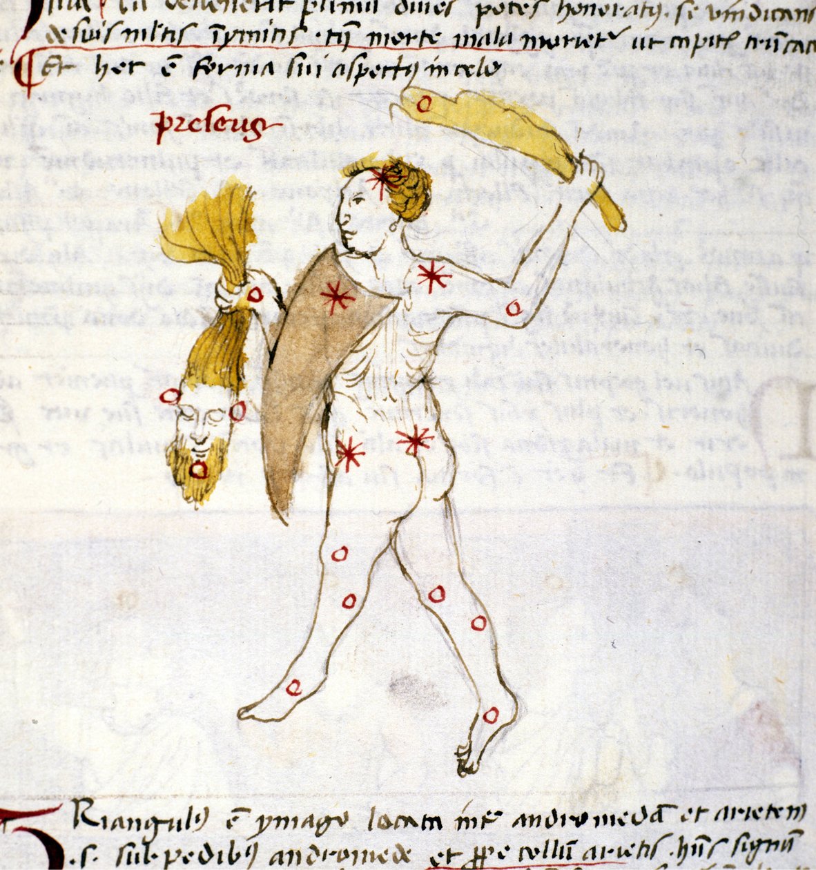 Representação da constelação de Bouvier (Botes) O caçador Botes segura o cabelo de Berenices na mão. Miniatura de "Astronomica" de Biasino da Parma (Blaise de Parma) (1425-1457) de Unknown artist