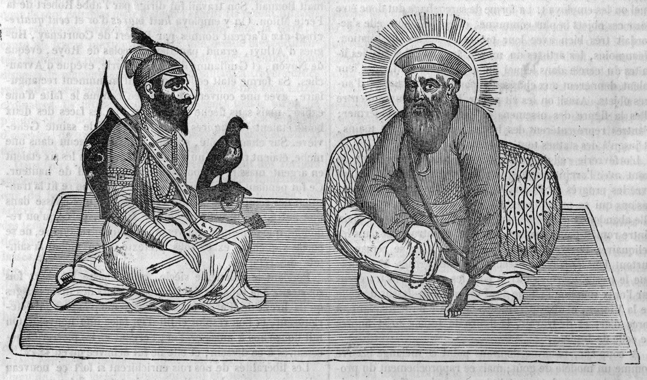 Representação dos fundadores do Sikhismo (ou religião Sikh): Guru Nanak (1469-1539) e Guru Gobind Singh (1666-1708). Em "Le magazin pitoresco" 1836 de Unknown artist