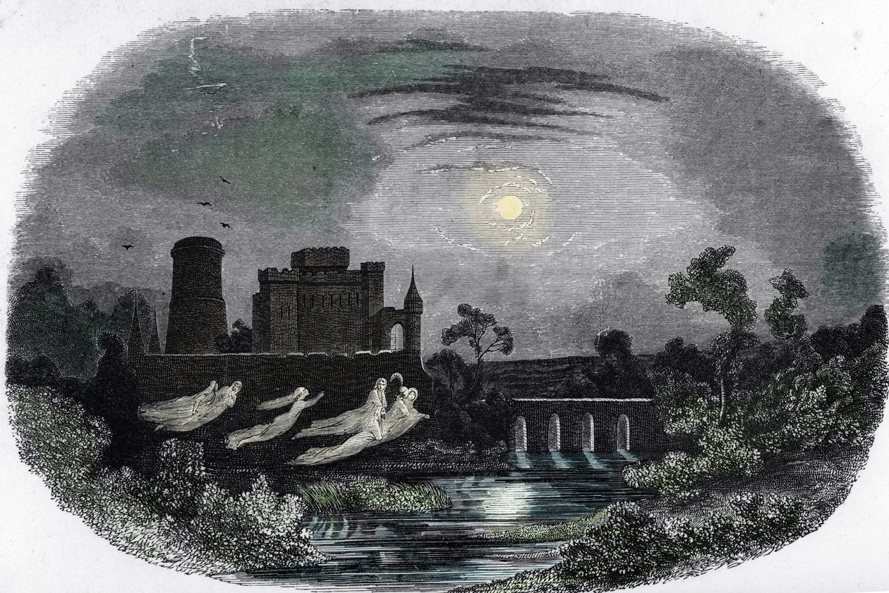 Representação dos fantasmas dos antigos senhores de Blandy les Tours, Seine e Marne (fantasmas que assombram o castelo de Blandy les Tours, Seine e Marne) Gravura de "Mysteres des vieux chateaux de France" de Unknown artist