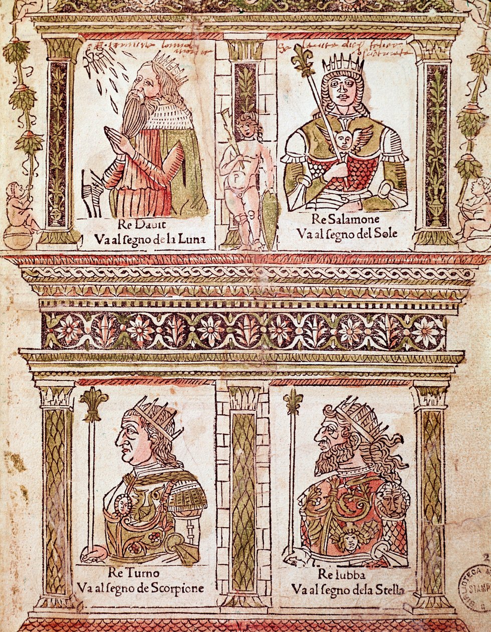 Representação da página dos Reis: Rei David, Rei Salomão, Rei Turno e Rei Lubba (Página dos Reis) Placa de "Libro delle libertado" de Lorenzo Spirito Gualtieri (ou Lorenzo Spirito da Perugia (Perugia) (1426-1496) poeta e humanista de Unknown artist